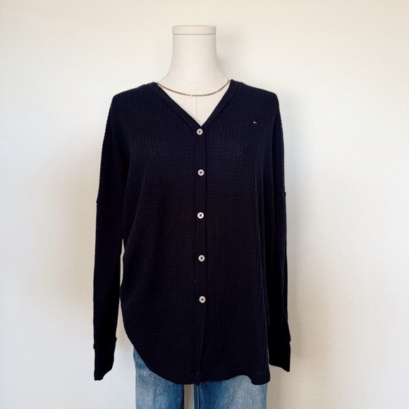 Tommy Hilfiger Women’s Waffle Knit Lightweight Tie Front Blue Cardigan Size M - Picture 3 of 6